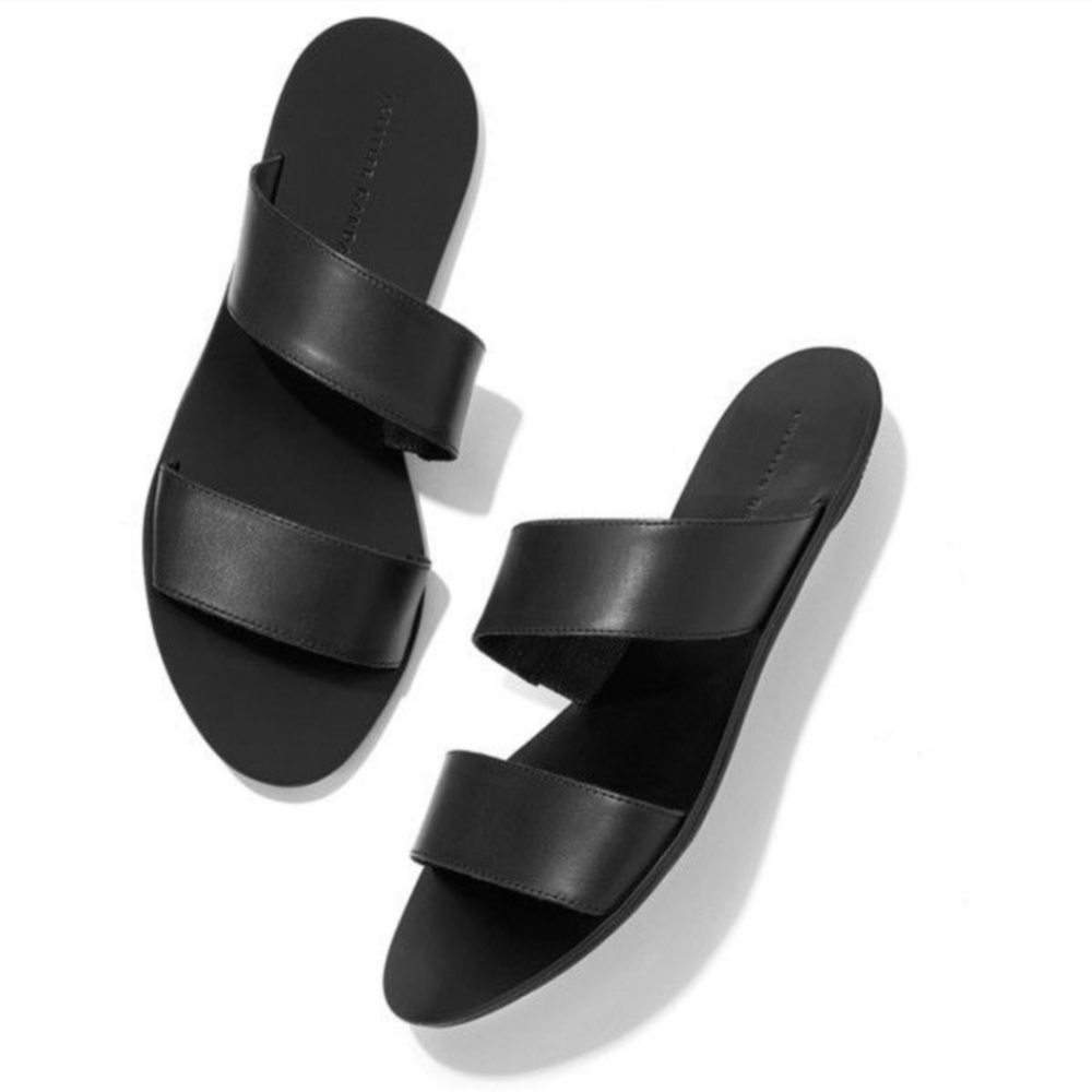Loeffler Randall Clem Solid Black Leather Double Strap Band Sandals